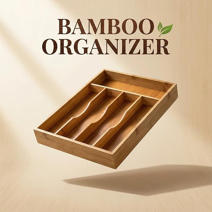 Bamboo Drawer Organizer - Kitchen Utensil Holder, 5 Slots Silverware Drawer Organization, Kitchen Wooden Tray for Cutlery, Flatware & Stationery - Natural