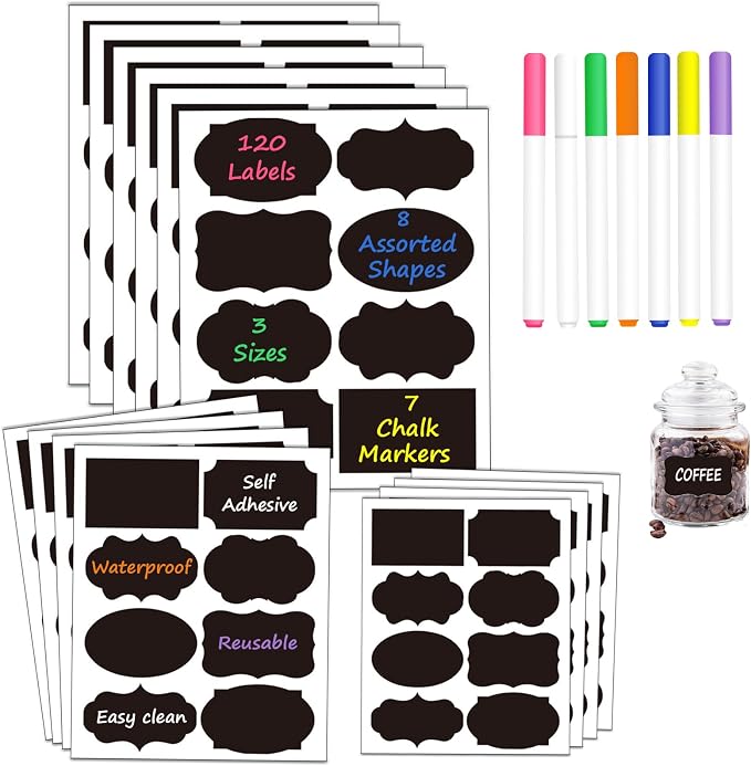 HERDIN Chalkboard Label Stickers, 120-Pc Set with 7 Markers | 120 Labels, 7 Markers, 3 Sizes, 8 Shapes, Waterproof Writing Surface, Pantry Jars, Food Containers, Storage Bins, Mason Jars
