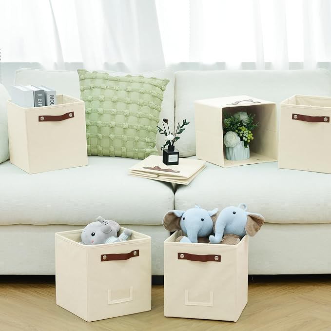 FinishingBo 10.5" x 11" Storage Bins with Labels 6 Pack | PU Leather Handles, Foldable Storage Cubes, Storage Baskets, Closet Storage, Beige