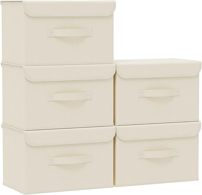 Fabric Storage Bins Cube Organizers with Flip-Top Lid and Handles,Storage Boxes for Organizing Home,Office,and Closet,Beige,5 Pack 15 x 9.8 x 9.8 in