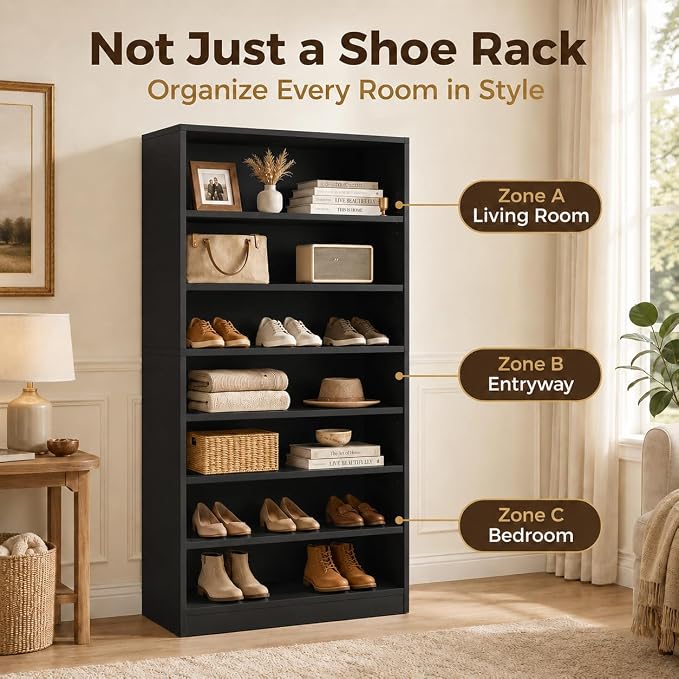Homieasy 9-Tier Tall Shoe Rack Cabinet for Closet & Entryway, Black | Wooden Narrow Shoe Organizer Cabinet with Adjustable Shelves, Freestanding, for Bedroom, Hallway