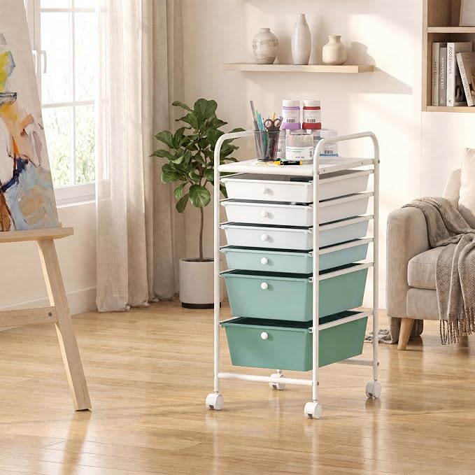 GOFLAME 6-Drawer Rolling Storage Cart, Multifunctional Art Craft Organizer Cart, Mobile Utility Storage Cart with Removable Drawers & Lockable Wheels, Craft Cart for Home Office, Green Gradient