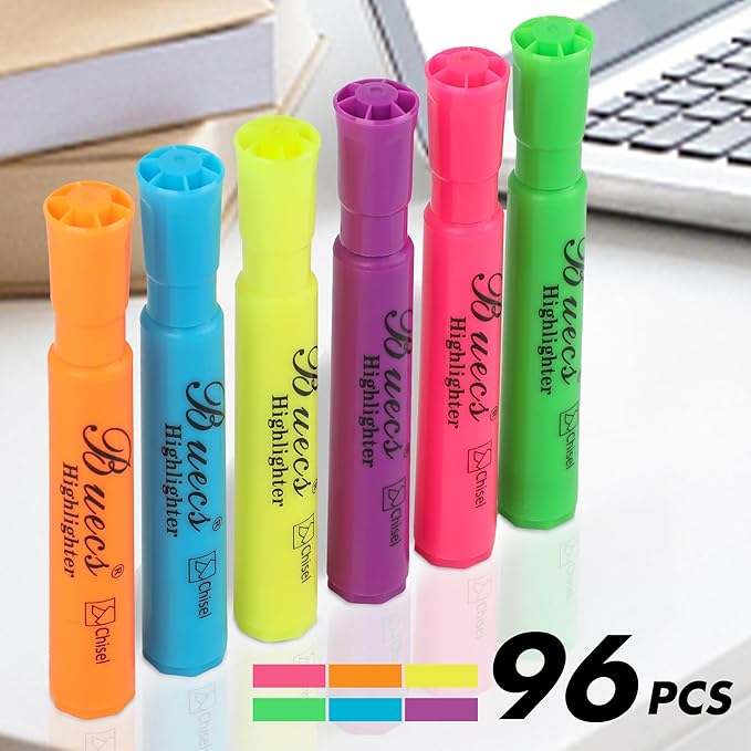 Buecs Highlighters Bulk Pack, 96 Count, Assorted Colors, Chisel Tip, suitable for Adults Highlighting Planner Notes, Office School Supplies
