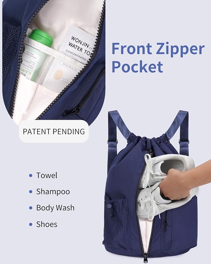 WANDF Drawstring Backpack with Shoe Compartment, Sports Gym Bag | Multi-Pocket Storage, Water-Resistant Fabric, Cinch String Bag