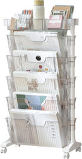 5 Tier Rolling Utility Cart Multi-Functional Movable Storage Book Shelves with Lockable Casters for Study Office Kitchen Classroom, White (Transparent White, with Wheel)