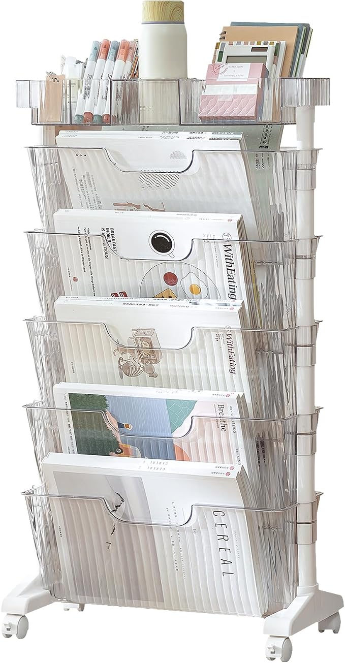 5 Tier Rolling Utility Cart Multi-Functional Movable Storage Book Shelves with Lockable Casters for Study Office Kitchen Classroom, White (Transparent White, with Wheel)