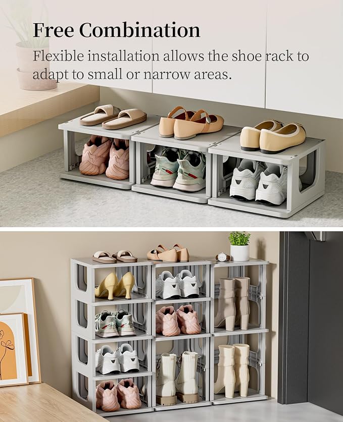 HAIXIN 10 Tier Narrow Shoe Rack, Compact Closet Shoe Shelves | Compact Size Space Saving, No-Tool Assembly, Removable Panels to Adjust Shelf, Stackable Expandable, Modular Design, Entryway
