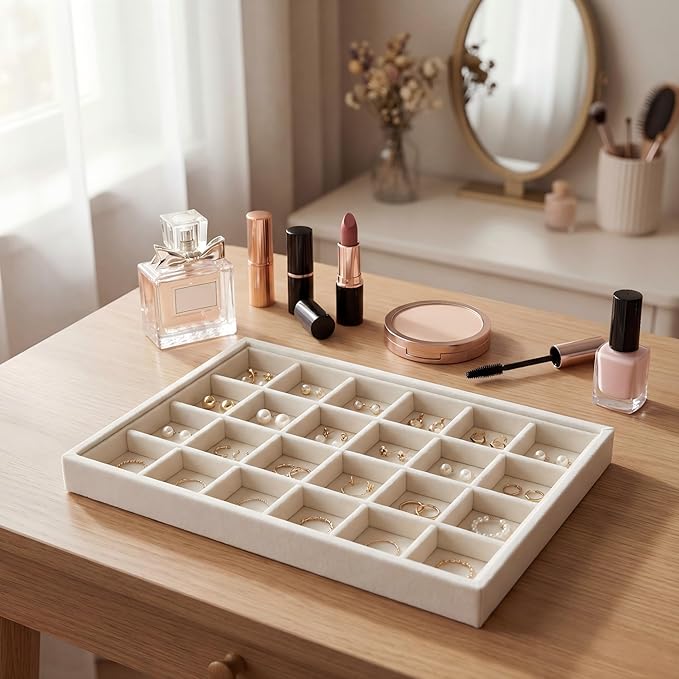 Frebeauty 24 Grid Earring Organizer,Velvet Jewelry Tray for Drawer | Adjustable Dividers,Stackable Design,Drawer Insert for Rings Studs,Vanity Organizer,for Women Girls