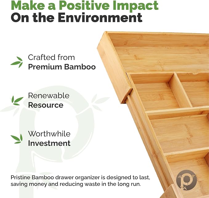 Pristine Bamboo Expandable Drawer Organizer, 10-Slot, Dark Brown | Extra Deep Non-Slip Kitchen Drawer Organizer, 17"x14.6" Expands to 25", Dark Wood Silverware Divider for Utensils