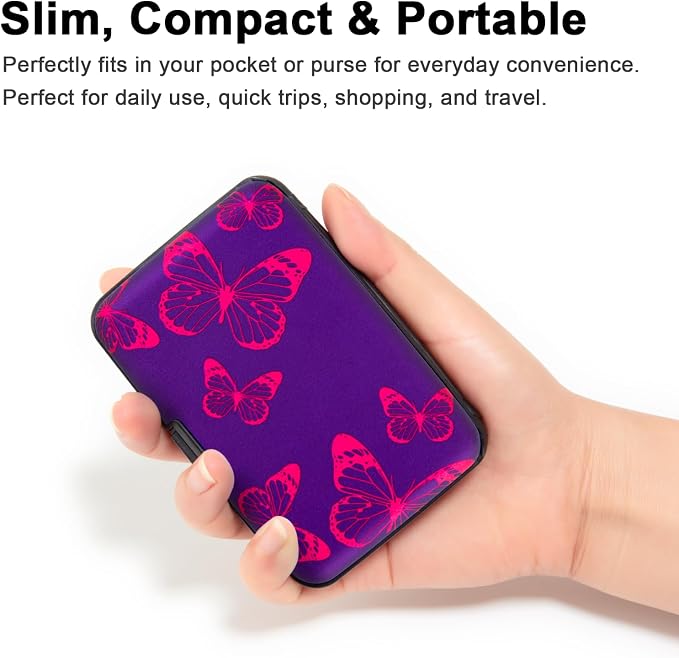 Credit Card Holder, Metal Card Wallet RFID Blocking Mini Slim Aluminum Business Hard Card Case for Women Men (Purple Butterfly)