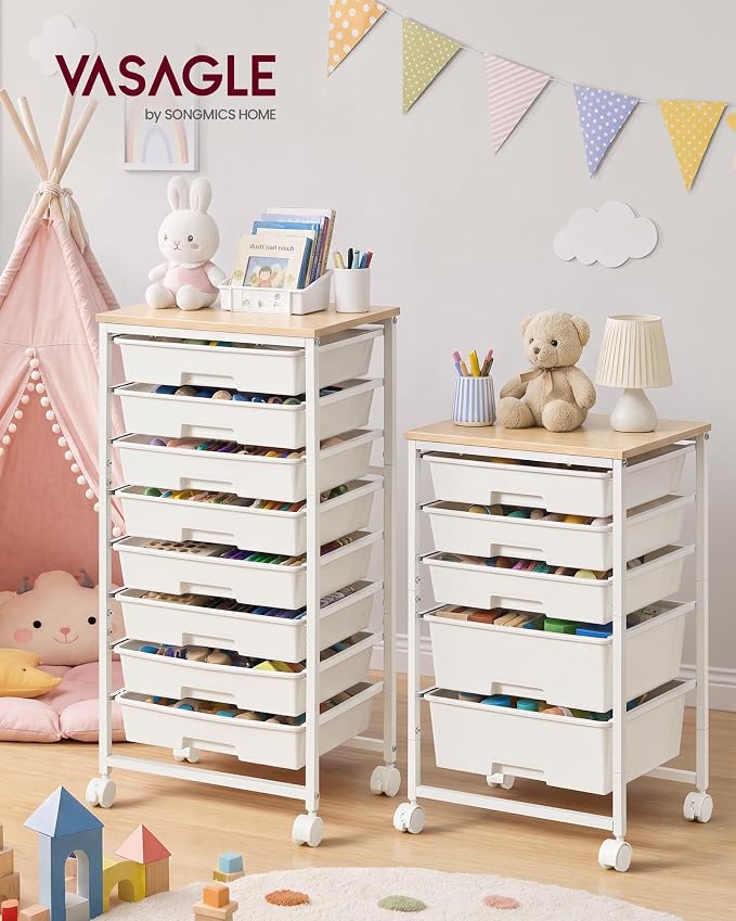 VASAGLE 8-Drawer Rolling Storage Cart, Utility Cart with Wheels and Wood Top, Craft Organizer for Office and Home, 15.6 x 11.2 x 30.1 inch, White, Benco Collection ULRC006W101