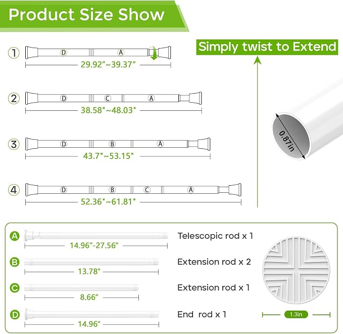 Tension Rods for Windows 30-63Inch Tension Curtain Rod White Adjustable Curtain Rod No Drilling Spring Rod for Light Shower Curtain,Doorway,Closets
