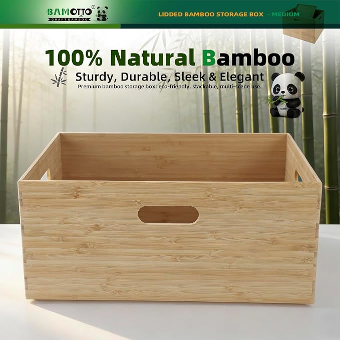 BAMOTTO CRAFTBAMBOO 14.6”x10.2”x6.5” Lidded Storage Bins - Stackable Bamboo Box/Cube/Basket with Handles for Home Kitchen Office, Organize Tableware Clothing Toys Books