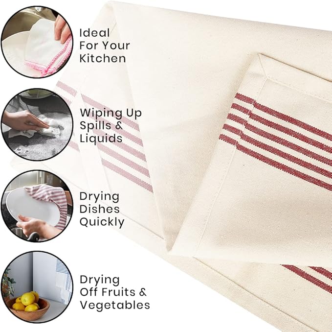 Stripe Kitchen Towels Decor 18x28 in Cotton Dish Towels Boho Embroidery Festive Gift Set of 6 Pantry Kitchen Vintage Farmhouse Reusable Kitchen Dish Towels|Red