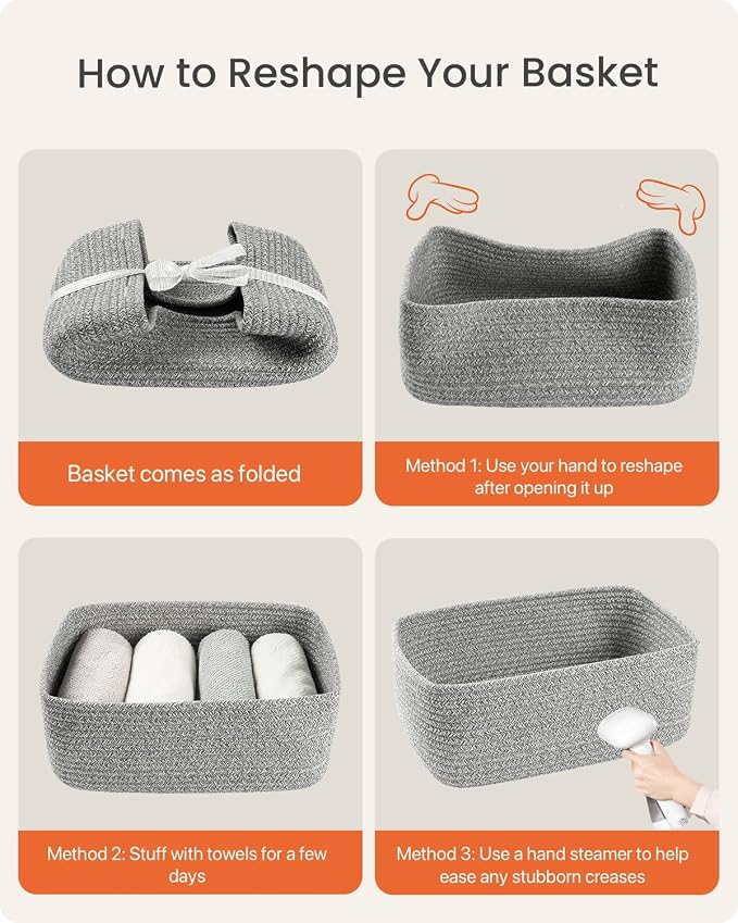 Small Woven Basket, 13.5 x 9.5 x 5 Inches, Storage Basket for Organizing, Cute Small Rope Shelf Closet Cube Storage Bins Baskets for Shelves, Dog Toy Gift Baskets Empty, 3 Packs, Mixed Grey