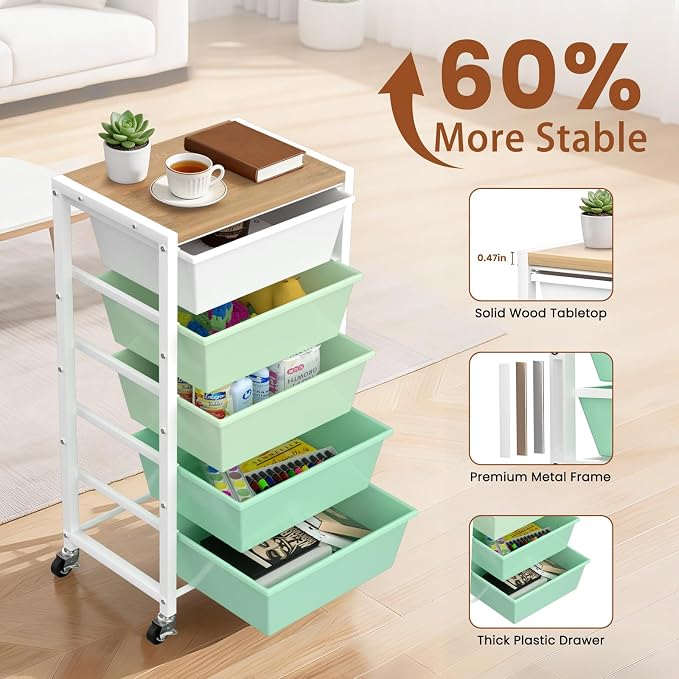 Rolling Cart with 5 Drawers, Plastic Drawer Storage Carts with Wheels & Wooden Tabletop, Metal Utility Cart for Office Bedroom Living Room Classroom, Craft Organization and Storage, Green