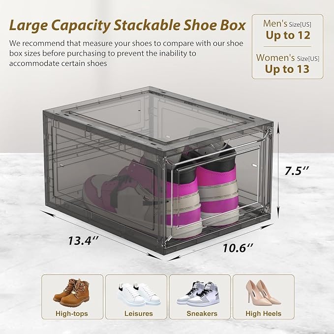 10 Pack Thickened Clear Stackable Shoe Organizer Storage Boxes with Magnetic Door, Sneaker Display Cases for Closet, Entryway & Under Bed Storage, Space Saving Shoe Storage Solution, Gray