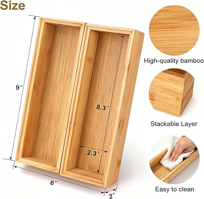 Bamboo Drawer Organizer Set of 2 for Kitchen Drawers, Small Stackable Drawer Organizer for Silverware, Utensils, Cutlery, Flatware, Junk Drawer, Dresser, Bathroom, 9" x 3" x 2"