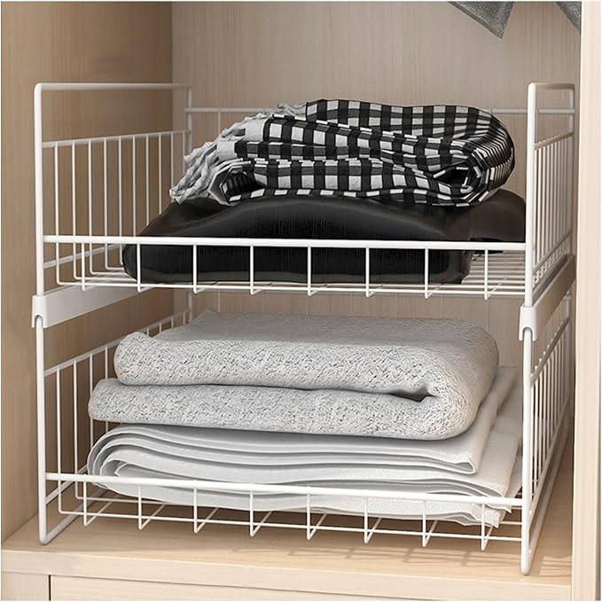 2-4 Tier Expandable Cabinet Pull Out Basket,Carbon Steel Stackable Shelf Baskets Organizer,Stackable Storage Bins,for Office Bathroom Bedroom,White-2 Tier