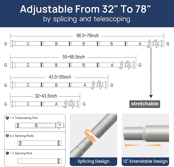 ENJOYBASICS 2 Pack Adjustable Spring Tension Curtain Rods 32 to 78 Inches, Stainless Steel Nickel Shower Rod No Drilling for Window, Bathroom, Closet, Room Divider, 7/8" Diameter