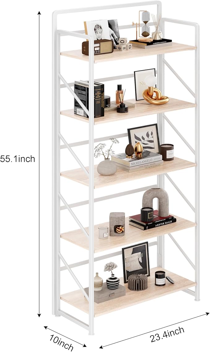 JSB Folding Bookshelf,Industrial Storage Shelves, No Assembly Vintage Wood Look Bookshelf with Storage Shelves for Living Room, Bedroom, Office (White, 5-Tier)