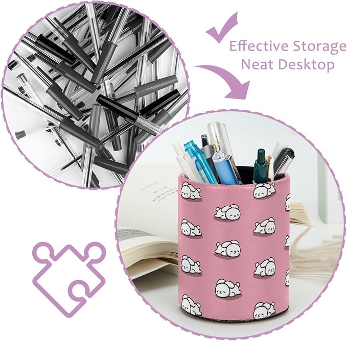 Cute Pink and Rabbit Pen Holder Pencil Organizer for Desk, 3.1” x 3.1” x 3.9” Pencil Cup Office Supplies, Large Capacity Cute Pen and Makeup Brush Holder for Home, School, Desktop