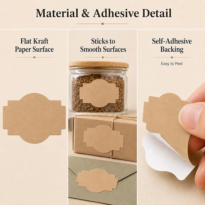 500 Pcs Kraft Paper Ingredients Label Stickers, 1.2 x 2 in Blank Gift Tag Stickers, Adhesive Labels to Write On, Labels for Jars, Storage Bins, Mason Jar Labels, Candle Labels