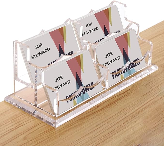 PARTSPOWER Acrylic Business Card Holder for Desk, Horizontal Clear Business Name Card Display Stand, Desk Accessory Business Name Card Organizer (Horizontal, 4-Slot)