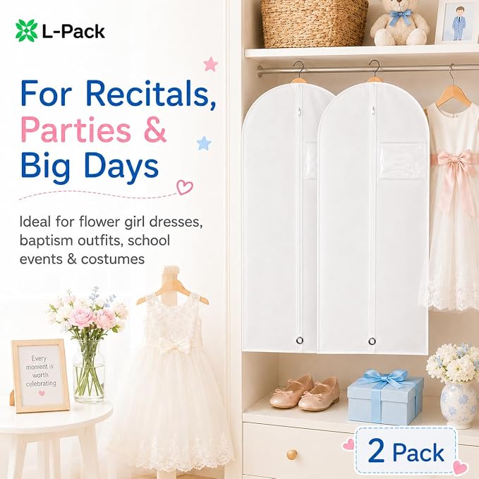 Kids Garment Bag with Clear Window, Hanging Clothes Storage Cover for Dresses, Suits & Dance Costumes, Breathable Travel Bag for Baby Toddler Child, 30" x 18", White, Pack of 2