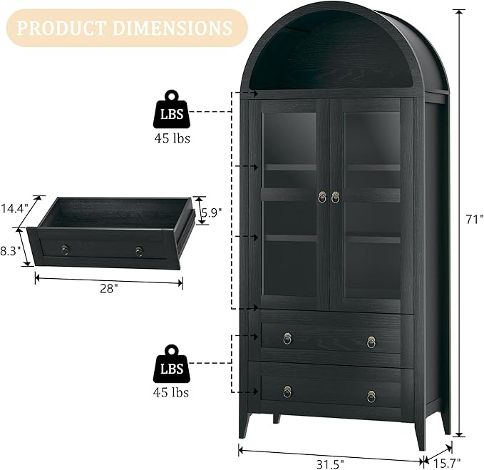 71" Tall Arched Kitchen Pantry, Pantry Cabinet, Kitchen Storage Cabinets with 2 Large Drawers & Adjustable Shelves & Glass Door for Living Room, Dining Room, Black