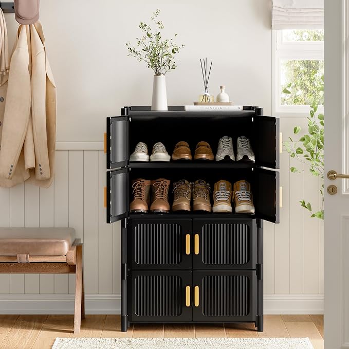 Shoe Rack, 5 Tier Shoe Storage Cabinet with 4 Doors, 15 Pair Plastic Shoe Cabinet with Waterproof, Outdoor Shoe Shelves Organizer for Entryway, Bedroom, Hallway,Living Room, Black