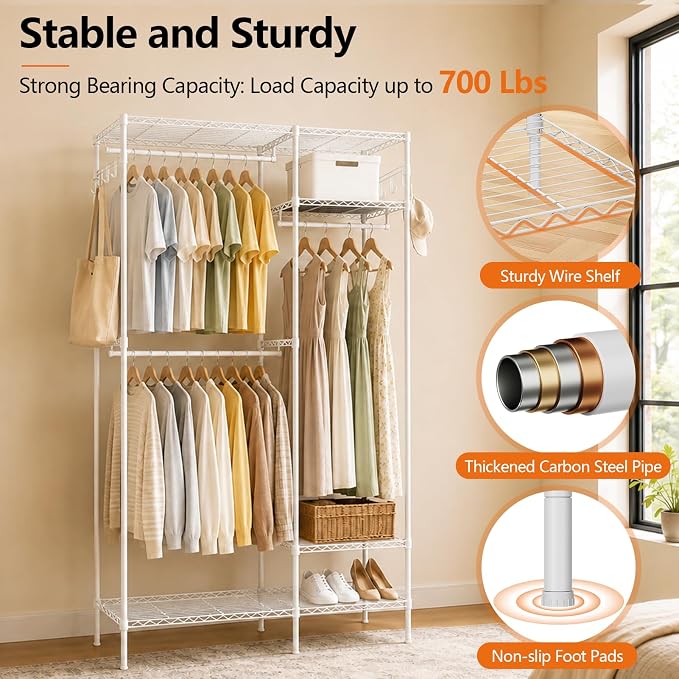 Heavy Duty Clothes Rack, Portable Clothing Garment Rack for Hanging Clothes, Adjustable Storage Closet with Wire Shelves and Hanging Rods, Freestanding Closet Organizer, Max Load 700Lbs, White