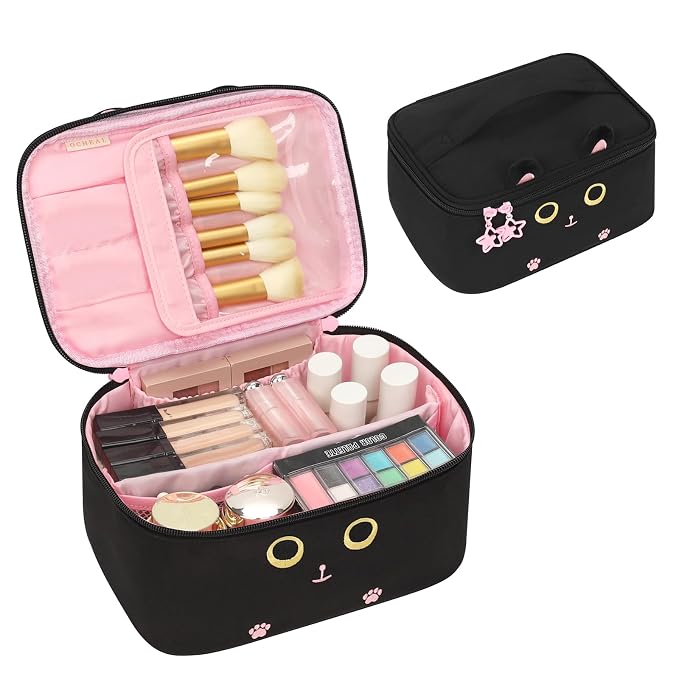 OCHEAL Makeup Bag,Travel Makeup Organizer Bag, Cute Cosmetic Bags for Women Girls Travel Toiletry Bag Traveling With Brush Slot And Divider-Cat
