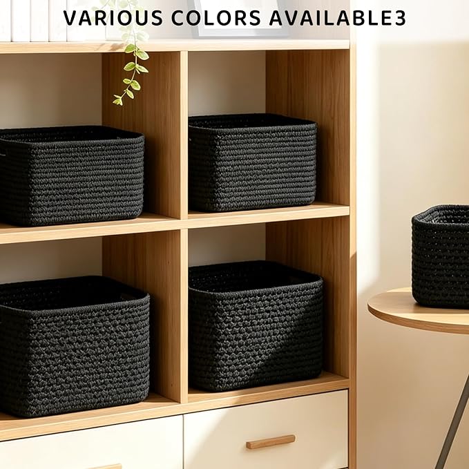 4 Pack Storage Baskets for Organizing, 11''Lx9''Wx8''H Woven Baskets for Storage Toys, Towels, Books, and Clothes, Cotton Rope Basket for Shelves with Handle White & Brown