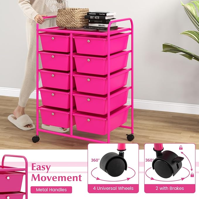 COSTWAY 10 Drawer Rolling Storage Cart, Utility Cart with Lockable Wheels | Mobile Art Supply Craft Organizer with Metal Frame, Multipurpose Drawer Cart for Paper for Office, School, Hot Pink