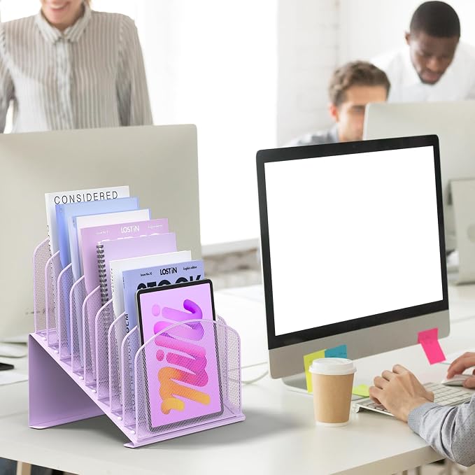 Inclined Desk File Organizer Metal Desk Magazine Folder Holder with 8-Section Vertical Compartments Rack File Organizer for Office, Home, School, Purple