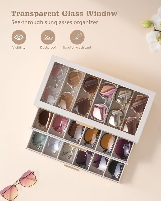 Lolalet Sunglasses Storage Box for Women, Eyewear Eye Glass Organizer with Clear Top Display Holder Case