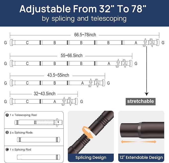 ENJOYBASICS 2 Pack Adjustable Spring Tension Curtain Rods 32 to 78 Inches, Stainless Steel Bronze Shower Rod No Drilling for Window, Bathroom, Closet, Room Divider, 7/8" Diameter