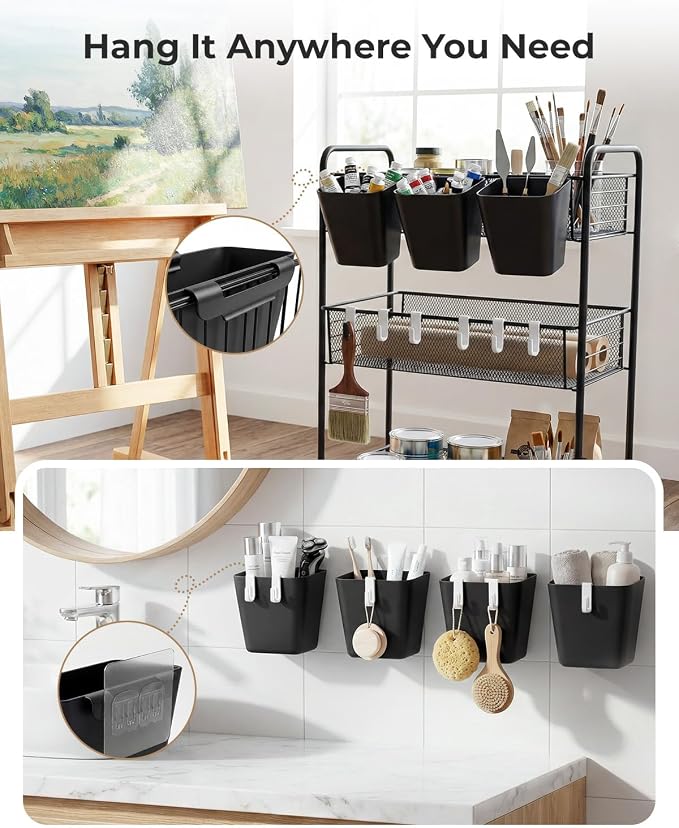 4 Pack Rolling Cart Accessories, Black Craft Cart Cup Holder and 6 Hooks for Utility Carts, Adhesive Kitchen Cabinet Door Storage, Space-Saving Wall Mount Organizer for Bathroom, Office, Makeup