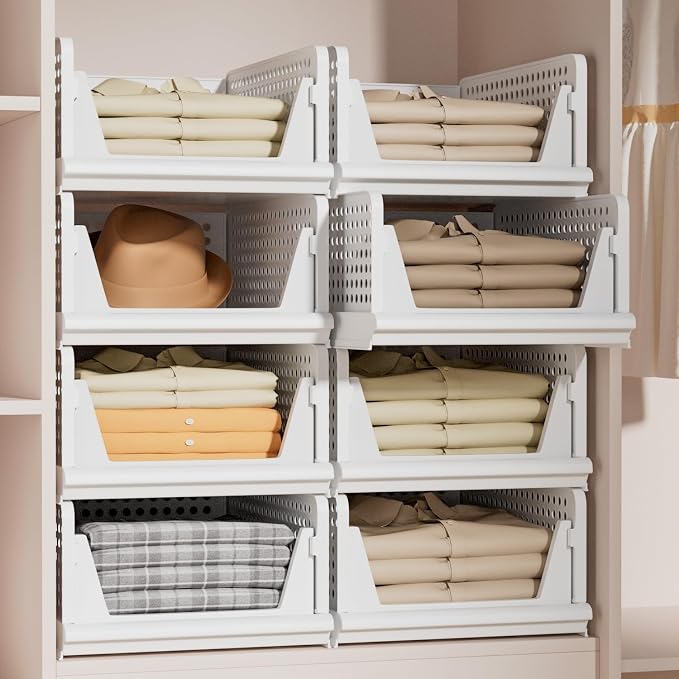 Proarea Stackable Plastic Storage Basket Closet Organizer Bin Foldable Clothes Organizer Storage Drawer Shelf Container for Living Room Bathroom Kitchen Office Laundry Room