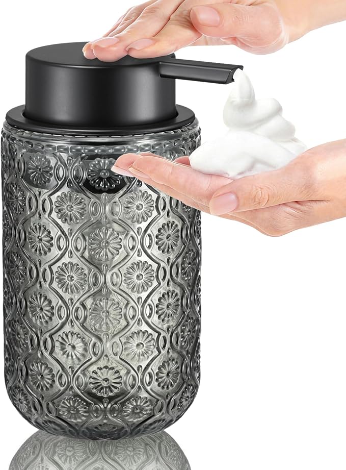Gray Glass Foaming Hand Soap Dispenser with Matte Black Pump Thick Embossed Bottle Refillable for Bathroom and Kitchen Decor 13.5 oz