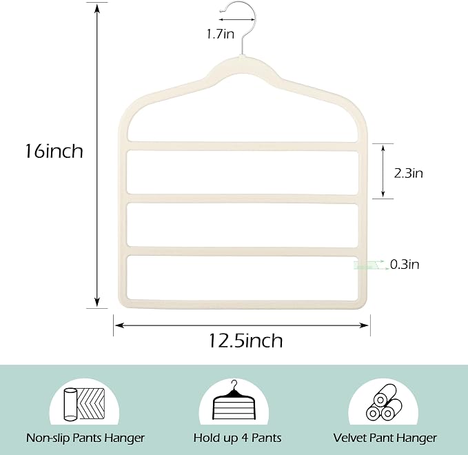 Velvet Pants Clothes Hanger Space Saving Non Slip Pants Shorts Hanger, Myfolrena Jeans Slack Trousers Hangers Multiple Velvet Hanger Closet Organizer Storage for Leggings,Jeans,Scarf,Tie (5, Beige)