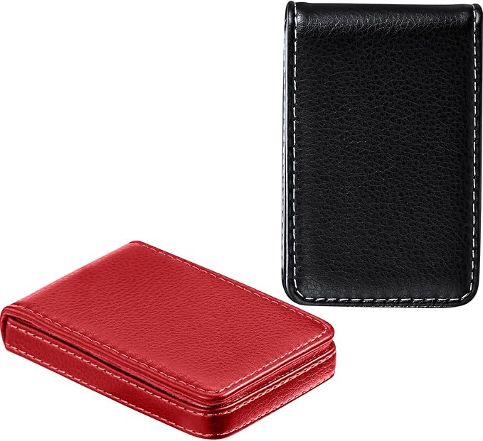 Outus 2 Pcs Business Card Holder, PU Leather Business Card Case Pocket Wallet with Magnetic Shut for Men Women(Black and Red,Classic)