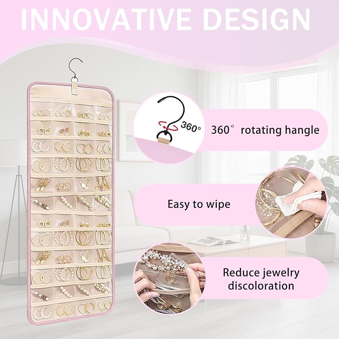 LAKSMI 2 PCS Large Hanging Jewelry Organizer for Closet, Wall or Door, 48 Pockets & 21 Hooks for Earrings, Necklaces and Rings
