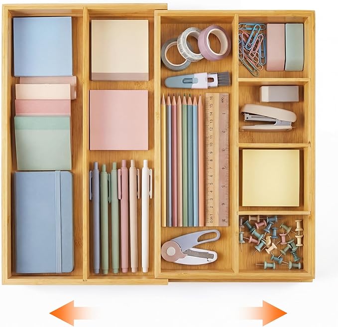 Bamboo Sliding Desk Drawer Organizer 12'' up to 15.7'' x 14'' x 2.2'' Expandable Office Desk Accessories Supplies Tray with 7 Compartments for Pens, Notebooks, Rulers, and Makeup Jewelry Vanity