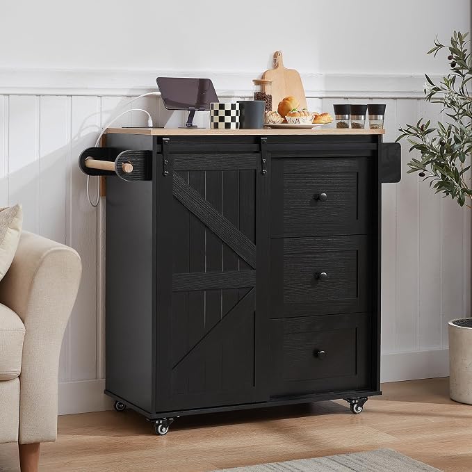 ONBRILL 31.5" Farmhouse Kitchen Island with Drop Leaf & Power Outlet, Rolling Kitchen Cart with Sliding Barn Door, Portable Island Table with 3 Drawers, Spice Rack & Towel Holder