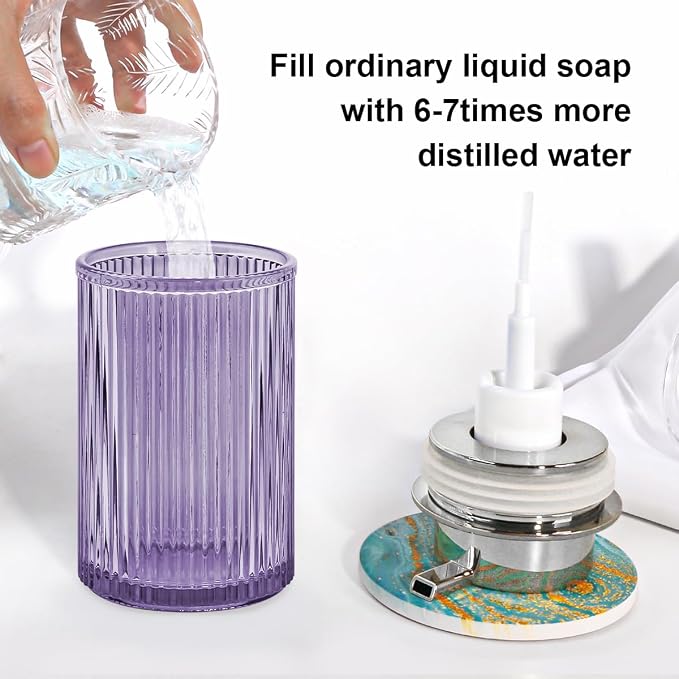 Foaming Soap Dispenser, 12 Oz Purple Glass Foam Hand Soap Dispenser, Refillable Glass Foam Pump Bottle Container Decorative Slim Ribbed Bottle for Bathroom and Kitchen