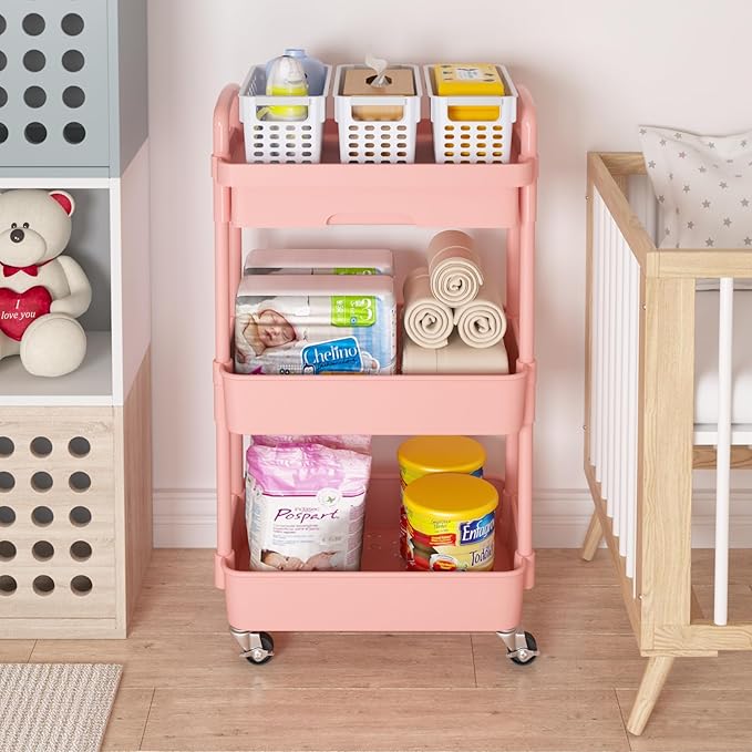 Calmootey 3-Tier Rolling Utility Cart with Drawer,Multifunctional Storage Organizer with Plastic Shelf & Metal Wheel,Storage Cart for Kitchen,Bathroom,Living Room,Office,Pink | Space-Saving Organizer, Sturdy Plastic Shelves, Smooth-Rolling Metal Wheels...