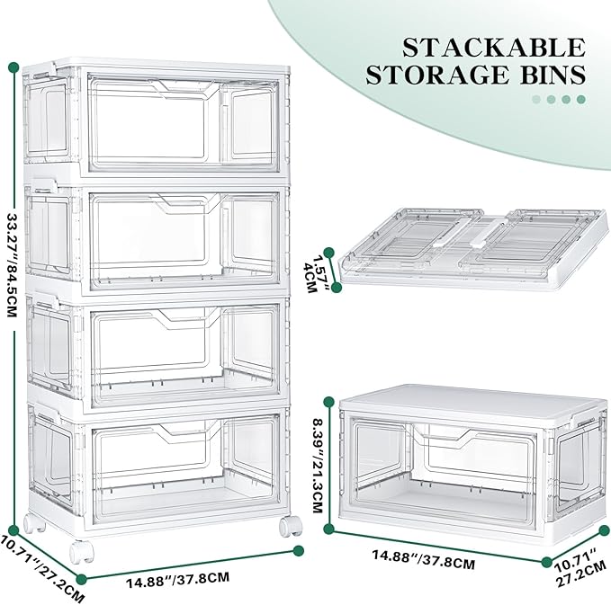 Kmiectse Clear Storage Bins with Lids,4 Tier Plastic Bins with Wheels,Stackable Storage Bin,Closet Organizers Box for Bedroom,Living Room,Toy,23 QT Folding Box with Magnetic door