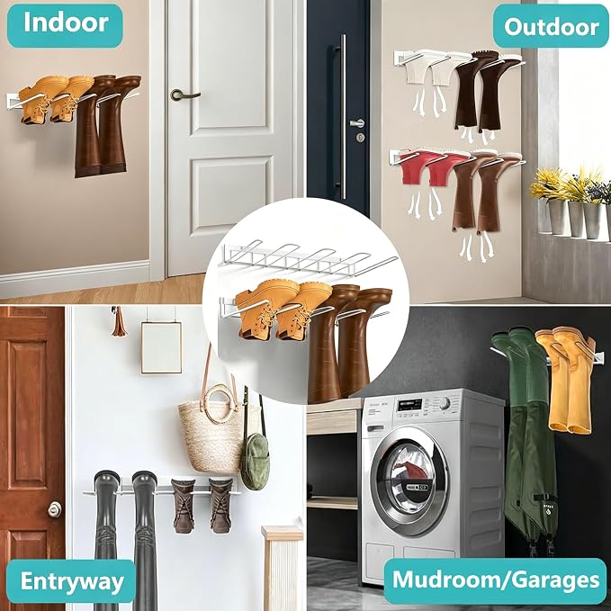 Boot Rack - 4-Pair Wader Hangers Wall Mount Sturdy Metal Cowboy Boot Hangers - Wall Boots Holder Storage Organizer for Closet, Entryway, Indoor, Garage,White